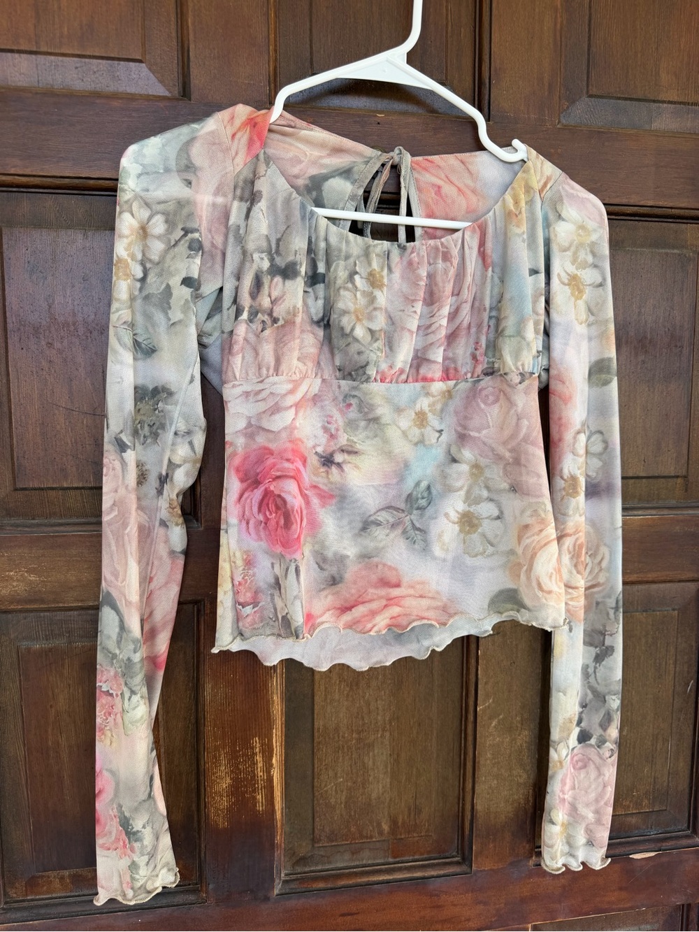 RESA Floral Sheer Long-Sleeve Top - Pink, Cream, Gray